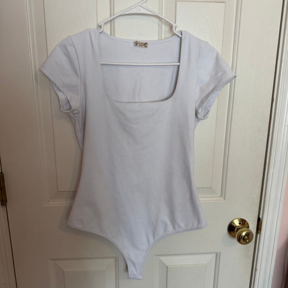 Free People Intimately White Short Sleeve Bodysuit Button Closure Women's Large